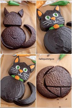 four pictures of chocolate cat cakes with green eyes