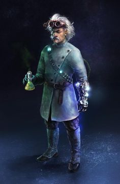 an old man in a green coat and goggles holding a light up flask