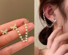 Asymmetry Design, Ear Cuff Tutorial, Ear Wrap Cuff, Pearl Ear Cuff, Handwritten Gifts, Dainty Butterfly, Earring Pins, Mismatched Earrings, Beautiful Gift Wrapping