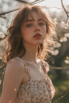 a woman standing in front of a tree with white flowers