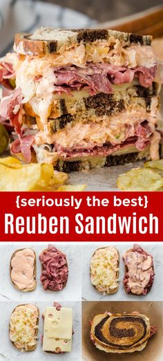 sandwiches with different toppings and the words seriously the best reuben sandwich