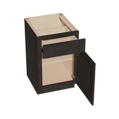 a wooden cabinet with two drawers on one side and an open drawer on the other