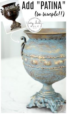 an old blue vase is sitting on a table with the words, add patina so simple