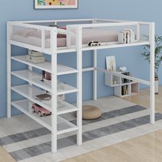 a white bunk bed sitting on top of a wooden floor next to a blue wall