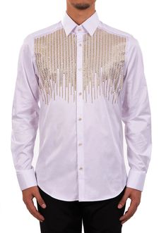 Limited edition- One of a kind Eye-catching studded rhinestone detailed shirt. A modern shirt with an unexpected edge. This white cotton shirt from Mondo is embellished with gold rhinestone. Looking sharp. Your style status can’t be messed with, and this shirt from Mondo makes that clear. Adorned with gold-tone rhinestones, this piece will toughen up any casual look. Eye-catching rhinestone details French placket Point collar Custom buttons Sleeves with Cufflinks Long sleeves with mitered Back y Pearl Shirt Men, Long Sleeve Shirt With Rhinestones For Party, Designer Party Shirt For Spring, Designer Spring Party Shirt, Designer Shirt For Spring Party, Designer Shirt For Party In Spring, Long Sleeve Party Shirt With Rhinestones, Spring Embellished Fitted Shirt, Formal Embellished Gold Tops