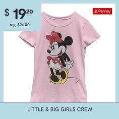 This little and big girls' Minnie Mouse graphic t-shirt is a sweet casual style go-to. Crafted from soft cotton-knit, this tee has a crew neckline and short sleeves. Style it with leggings or a skirt. Character: Minnie MouseClosure Type: Pullover HeadFit: Regular FitNeckline: Crew NeckSleeve Length: Short SleeveFiber Content: 100% CottonFabric Description: KnitCare: Tumble Dry, Machine WashCountry of Origin: Imported