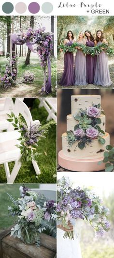 a collage of photos with purple flowers and greenery on them, including a wedding cake