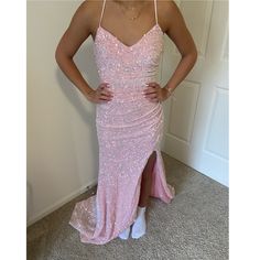 Never Worn Pink Sequin Prom Dress. It Has A Slit And A Lace Up Back. Super Comfortable. Pink V Neck Dress, Hoco Dresses Tight Pink, Pink Glitter Prom Dress, Pink Glittery Dress, Pale Pink Prom Dress, Dusty Rose Prom Dress, Pink Sequin Prom Dress, Pink Sparkly Prom Dress, Pretty Formal Dresses