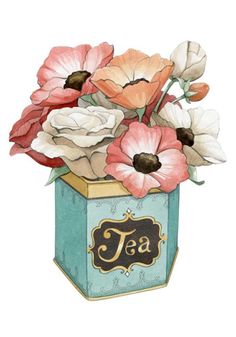 watercolor painting of flowers in a tea can with the word fa on it's side