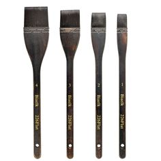 four different sized wooden brushes with black handles and gold lettering on the sides, all lined up against one another