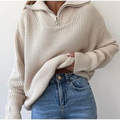 #ad Top Seller for Womens Loose Sweaters Tops Fashion Zipper Lapel Collar Casual Knitted Pullover, Fashion women's top Autumn Jumpers, Half Zip Jumper, Zipper Sweater, Long Sleeve Jumper, Zippered Sweater, Casual Sweaters, Womens Fall, Outfits Casuales, Casual Fits