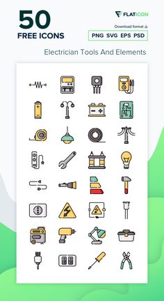 the 50 free icons for electric tools and elements are shown in this graphic design pack