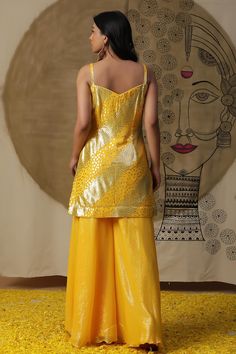 Yellow textured kurta with dori, sequins, coin embroidery. Paired with a palazzo and an ombre cape. - Aza Fashions Kurta Palazzo Set, Jayanti Reddy, Anushree Reddy, Diana Penty, Yellow Textures, Rohit Bal, Palazzo Set, Tarun Tahiliani, Cocktail Reception