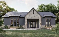 this is an artist's rendering of the front elevation of a modern farmhouse style home