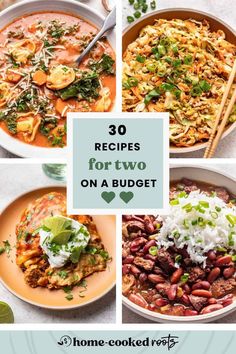 the cover of 30 recipes for two on a budget, including rice, beans and vegetables