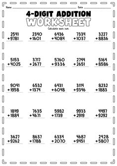 four digit addition worksheet with numbers and times to print out for the 4 digit addition