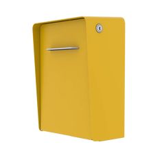 a yellow box with a metal handle is shown on a white background, it appears to be in the shape of a mailbox