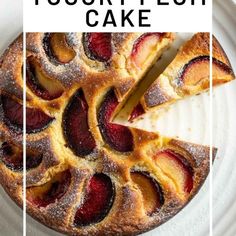 an easy yogurt plum cake on a white plate with the text overlay