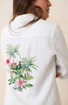 Crisp linen lets you keep your cool on a hot day in this long-sleeve button-up shirt embroidered with colorful tropical flora at the chest and back. Front button closure Spread collar Long sleeves with one-button cuffs 100% linen Machine wash, tumble dry Imported Casual Tops With Floral Embroidery And Spread Collar, Casual Floral Embroidery Tops With Spread Collar, Summer Floral Embroidered Top With Spread Collar, Summer Top With Floral Embroidery And Spread Collar, Summer Embroidered Shirt With Spread Collar, Embroidered Summer Shirt With Spread Collar, Embroidered Linen Long Sleeve Shirt, Spring Palm Tree Print Tops With Relaxed Fit, Embroidered Spread Collar Shirt For Summer