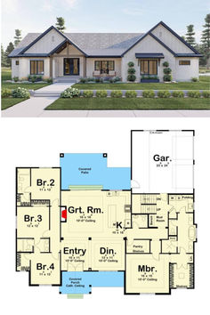 Single-Story Modern 4-Bedroom Farmhouse House Plan with Jack & Jill Bath and Bonus Expansion House Layouts Single Story, Homes Layout Floor Plans, First Home Floor Plans, Modern Farmhouse Exterior Layout, Completely Open Floor Plan, Ranch Building Plans, Ranch House 4 Bedroom Floor Plans, 4 Bed Rooms House Plan Farmhouse, 4 Bedroom House Blueprints