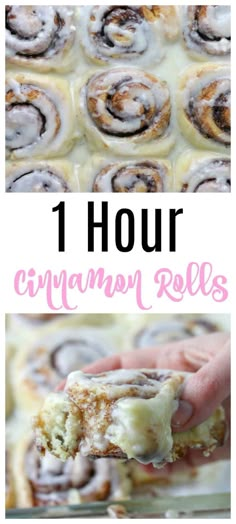 cinnamon rolls with text overlay that reads 1 hour cinnamon roll recipe on top and bottom