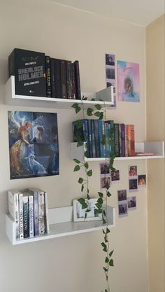 there is a plant on the shelf next to some books and pictures hanging on the wall