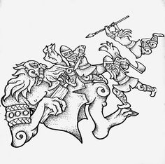 a black and white drawing of some people riding on horses with swords in their hands