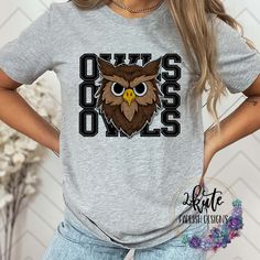 Treat yourself or anyone in your life to this awesome School pride tshirt.  Great for all occasions.  And great for supporting your owls team.  Shirt is made of 95% polyester and 5% spandex and soft to the touch.  To get the best wear from your shirt please  1. Wash with mild detergent  2. Do not use fabric softener  3. Do not use bleach 4. Tumble dry low.  Please enjoy your shirt as I know we have enjoyed all the ones we have made for ourselves!! Please note that every shirt is made to order an Collegiate Style School T-shirt With Screen Print, Game Day School Spirit T-shirt With Heat Transfer Vinyl, School Spirit Tops For Football Season, School Sports Fan T-shirt With Team Name, Sports Fan T-shirt With Team Name For School, Casual T-shirt For School Football Season, Casual Tops For School Football Season, School Spirit T-shirt For Sports Season, Sporty College Mascot T-shirt