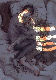 a drawing of two people laying in bed with their arms around each other and one person sleeping