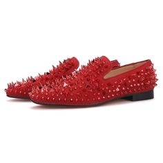 Red Loafer Red Rhinestones Rivets Flat Red Dress Shoes, Prom Men, Black Velvet Shoes, Party Flats, Black Patent Leather Flats, Red Loafers, Red Gothic, Mens Loafers, Sparkly Shoes