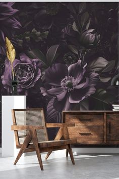 Image of moody deep purple wallpaper with baroque floral pattern Goth Farmhouse, Baroque Flowers, Black And Grey Wallpaper, Floral Wallpaper Bedroom, Black Building, Gothic Flowers, Purple Kitchen, Flowers Black, Night Garden