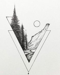 a triangle with trees and mountains in the middle, on top of a white background