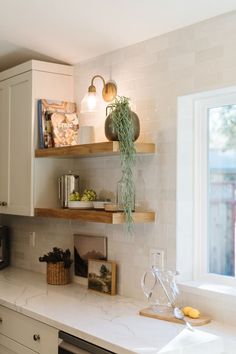 the kitchen counter is clean and ready to be used as a cook's space