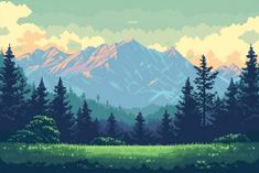 a painting of mountains and trees with clouds in the sky over them, as if it were pixel art