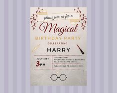 a harry potter birthday party card with glasses and hogwart's map on it