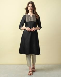 Viscose Tussar Embroidered Knee Length Kurta - | Brand: Fabindia Festive Embroidered Ankle-length Kurta, Embroidered Semi-stitched Tussar Silk Kurta, Unstitched Ankle-length Kurta With Resham Embroidery, Black Embroidered Straight Kurta, Long Black Embroidered Kurta