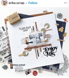 an assortment of scrapbooking items are arranged on top of each other with the words enjoy life written across them