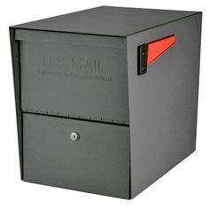 a gray mailbox with the u s mail logo on it