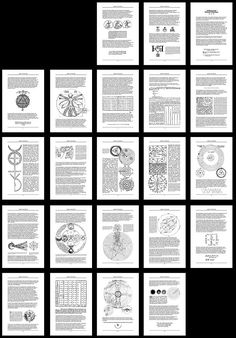 a bunch of black and white pages with different designs