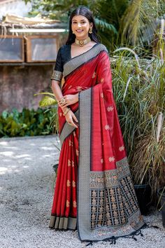 Red Color Art Silk Fabric Zari Weaving Border Work Function Wear Fancy Work Function, South Silk Sarees, Raw Silk Saree, Trendy Dress Outfits, Red Saree, Tussar Silk Saree, Organza Saree, Silk Sarees Online, Fancy Sarees