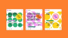 three pamphlets with different designs on them, one in orange and the other in green