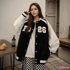 Qteee - Premium Letter Embroidered Relaxed Fit Baseball Jacket Black Varsity Jacket With Patchwork For College, Black Patchwork Varsity Jacket For College, Fall Crew Neck Outerwear With Letter Embroidery, Black Cotton Varsity Jacket With Patchwork, Casual Black Varsity Jacket With Patchwork, Black Outerwear With Letter Embroidery For Fall, Black Letter Embroidery Outerwear For Fall, Black Fall Outerwear With Letter Embroidery, Fall Black Outerwear With Letter Embroidery