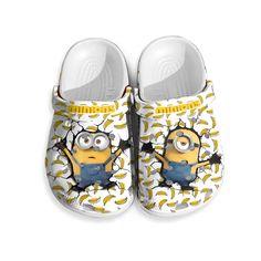 Water-resistant Minion And Banana Pattern Unisex Clogs For Kids & Adults White Non-slip Fun Clogs, Waterproof White Clogs With Round Toe, Waterproof White Synthetic Clogs, White Waterproof Clogs With Round Toe, White Waterproof Synthetic Clogs, Plastic Round Toe Clogs For Outdoor Use, Yellow Slip-on Clogs For Outdoor, Outdoor Plastic Clogs With Round Toe, Non-slip Plastic Slip-on Clogs