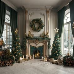 a living room decorated for christmas with green curtains and gold decorations on the fireplace mantel