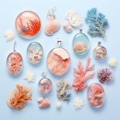 various corals and seaweed in glass pendants on a light blue background, top view