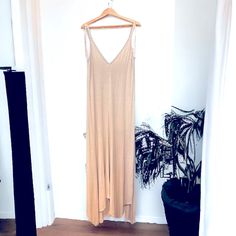 Nytt Dress With Plunge Neck, Cami Straps, Understated Cool, Relaxed Fit, Loose But Not Oversized In Size Medium. Runs Long But Can Be Tied Up! Color Is Cream/Beige/Pink Picture In Black Is From Asos Never Been Worn! Nwt Lightweight Linen-Mix Fabric Keeps You Cool Without Having To Whack Up The Ac Body: 82% Rayon, 12% Linen, 6% Spandex. V-neck Slip Dress For Summer Loungewear, Beige V-neck Slip Dress For Summer, Summer Stretch Beige Midi Dress, Stretch Beige Midi Dress For Summer, Beige Stretch Midi Dress For Summer, Stretch Slip Dress For Beach In Spring, Fitted Beige Slip Dress For Beach, Spring Beige Maxi Dress For Loungewear, Beige Stretch V-neck Maxi Dress