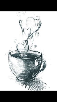 a drawing of a coffee cup with hearts coming out of the top and steam rising from it