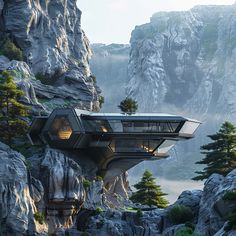 a futuristic house built into the side of a mountain with trees and rocks surrounding it