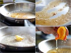 the process of making soup with oranges being added to it and then stirred in water