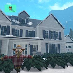 an animated character standing in front of a large house with christmas trees on the lawn